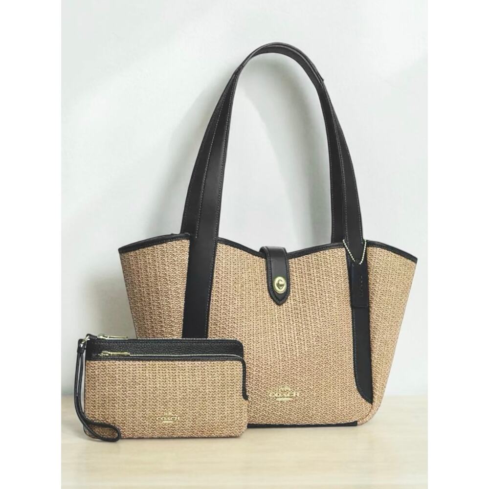 NWT Coach CAL87 Straw Hadley Turnlock Tote & CAP25 Straw Double Zip Wristlet